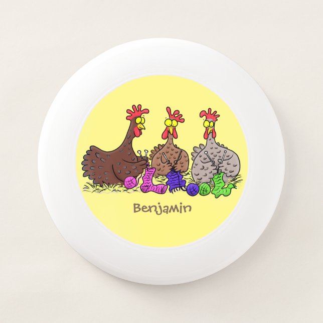 Funny knitting chickens cartoon illustration Wham-O frisbee (Front)