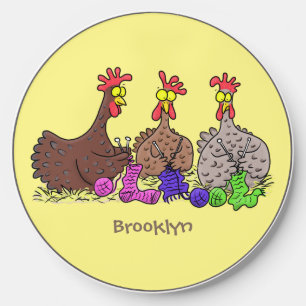 Funny knitting chickens cartoon illustration wireless charger