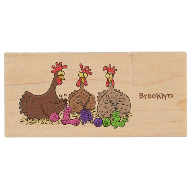 Funny knitting chickens cartoon illustration wood flash drive (Front)