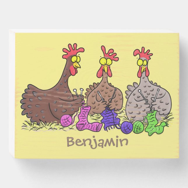 Funny knitting chickens cartoon illustration wooden box sign (Front Horizontal)
