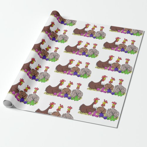 Funny knitting chickens cartoon illustration wrapping paper