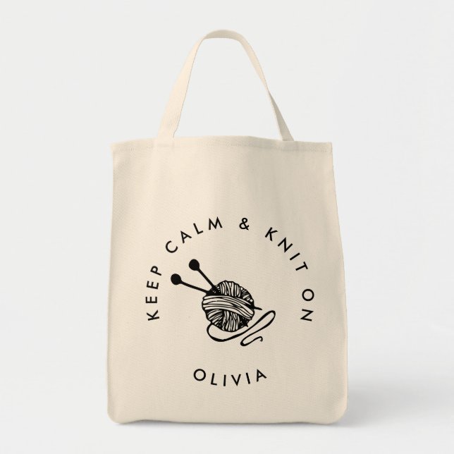 Funny Knitting keep calm and knit on Personalised Tote Bag (Front)