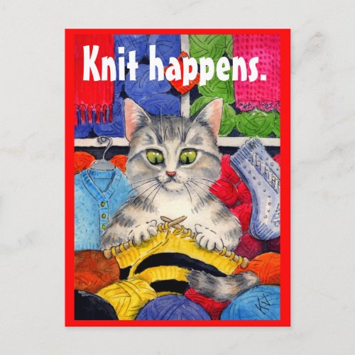 Funny knitting kitty postcard