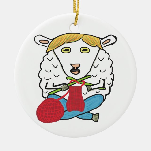 Funny Knitting Sheep Ceramic Ornament (Front)