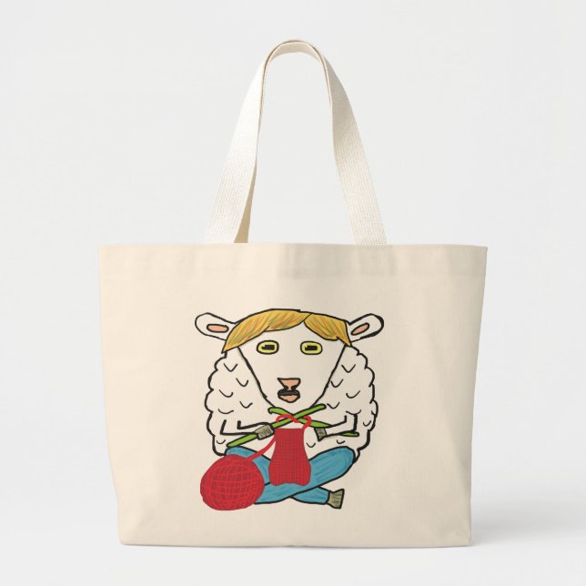 Funny Knitting Sheep Large Tote Bag (Front)