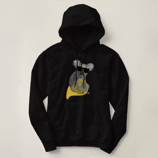 Funny Koala Wearing Sunglasses Playing French Horn Hoodie (Design Front)