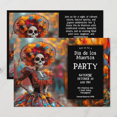 💀 Funny La Calavera in hat with flowers Invitation