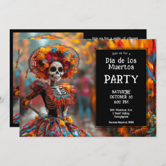 💀 Funny La Calavera in hat with flowers Invitation