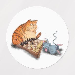 Funny Labels Cat and Mouse Playing Chess Cartoon