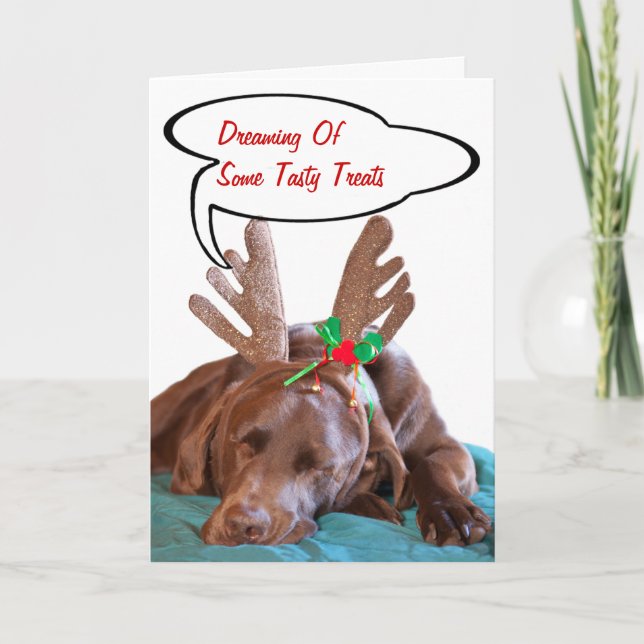 Funny Labrador Wearing Antlers Photo Personalized Holiday Card (Front)