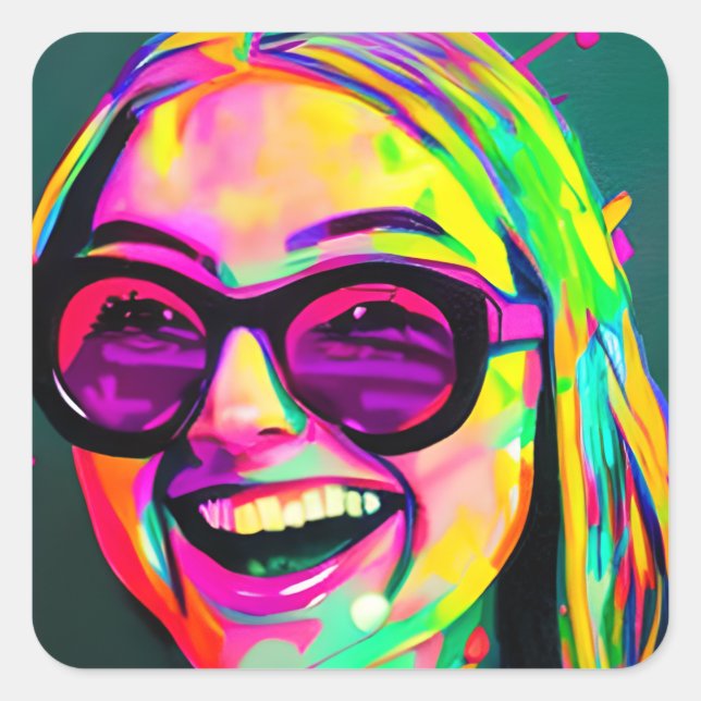 Funny Lady Laughing in Sunglasses Modern Art Square Sticker (Front)