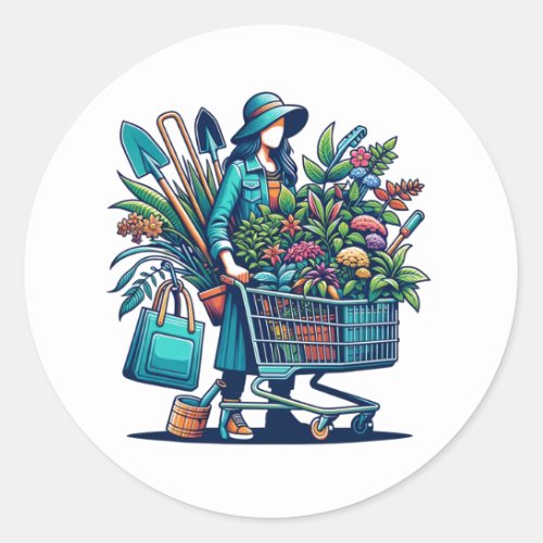 Funny Lady with Shopping Cart full of Plants Classic Round Sticker