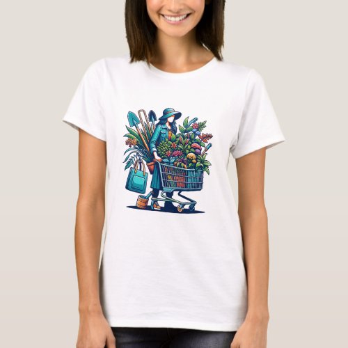 Funny Lady with Shopping Cart full of Plants T_Shirt