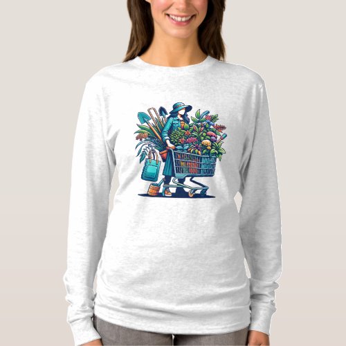 Funny Lady with Shopping Cart full of Plants T_Shirt