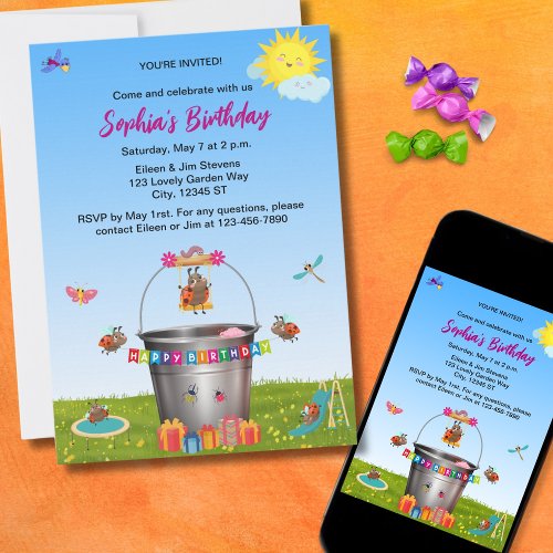 Funny Ladybugs in Beautiful Garden Birthday Party Invitation