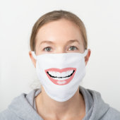Funny Large Smiling Bright Pink Lips with Teeth White Cotton Face Mask (Worn)