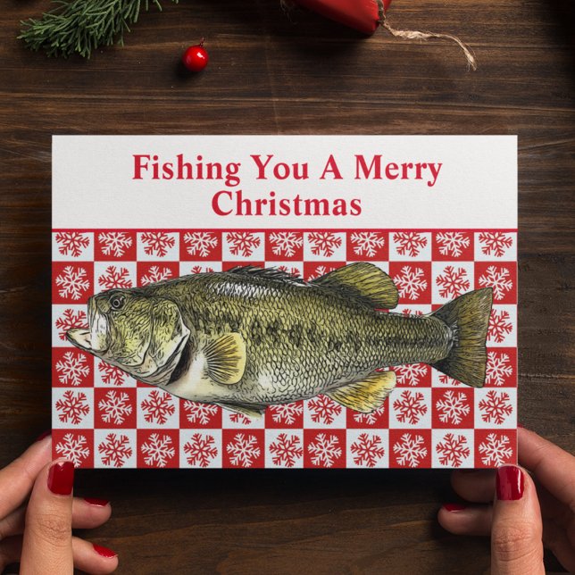 Funny Largemouth Bass Fishing Pun Christmas Custom Holiday Card (A largemouth bass fishing Christmas card with a cute pun. Fishing you a Merry Christmas.)