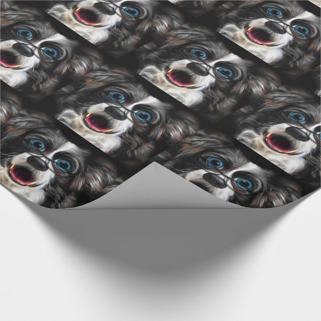 Funny Laughing Border Collie Dog in Glasses Wrapping Paper (Corner)