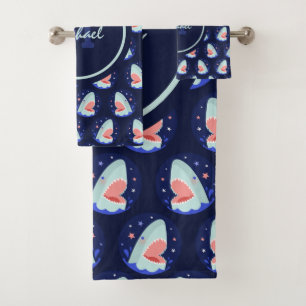 Funny Laughing Shark Stars Nautical Blue Boys Name Bath Towel Set
