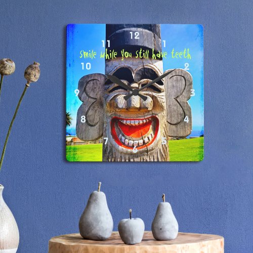 Funny laughing wood totem face photo smile quote square wall clock