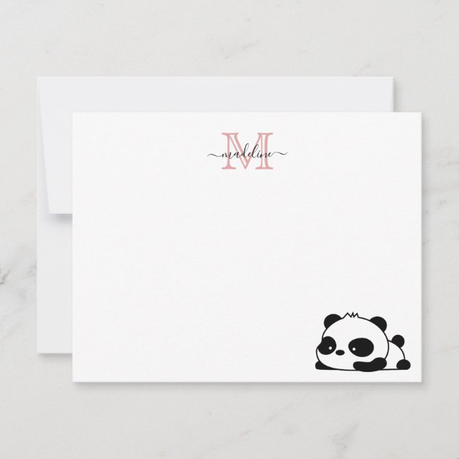 Funny Laying Panda Script Pink Modern Monogram Note Card (Front)