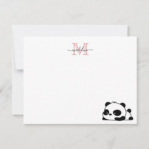 Funny Laying Panda Script Pink Modern Monogram Note Card