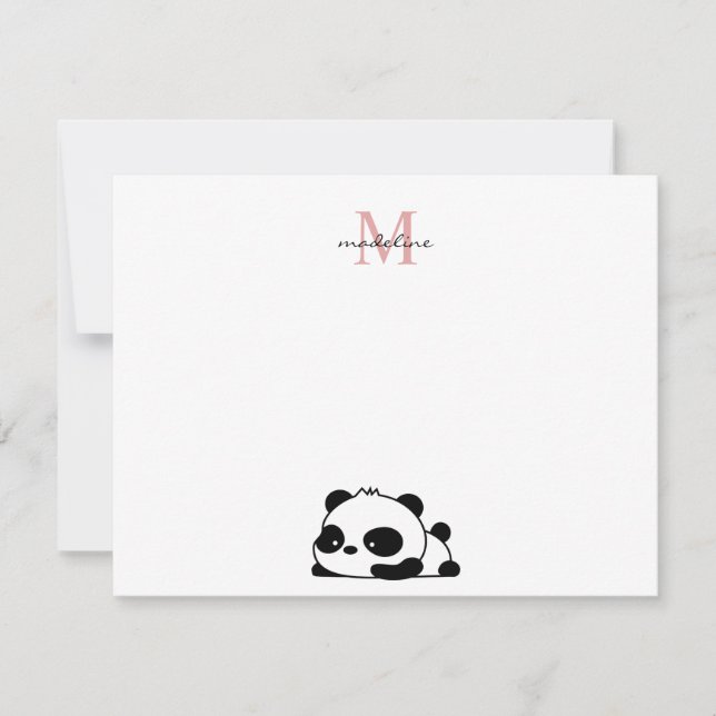 Funny Laying Panda Script Pink Monogram Note Card (Front)