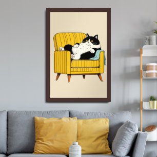 Funny Lazy Tuxedo Cat on Yellow Armchair Framed Art