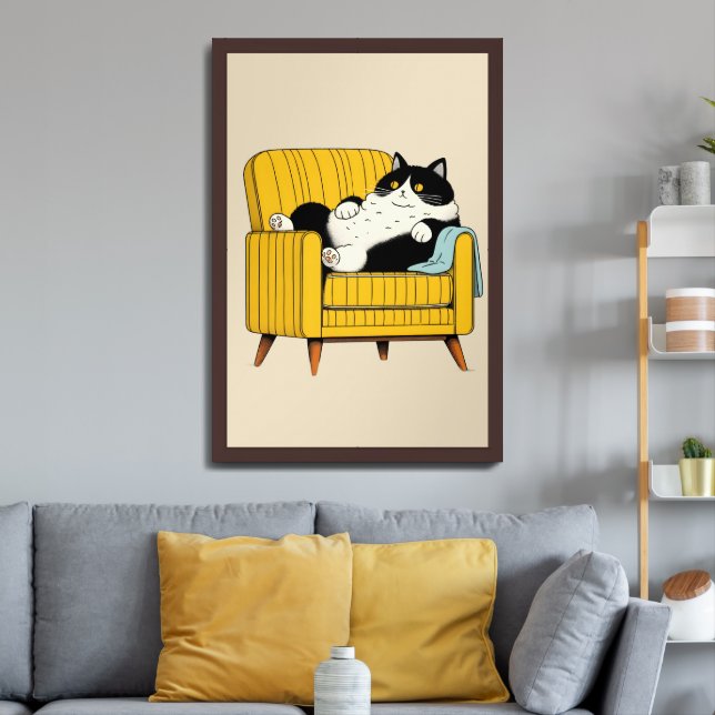 Funny Lazy Tuxedo Cat on Yellow Armchair Framed Art (Living Room 3)