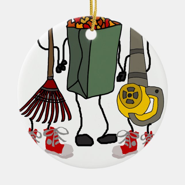 Funny Leaf Blowing Yard Work Cartoon Characters Ceramic Ornament (Front)