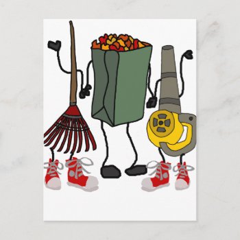 Funny Leaf Blowing Yard Work Cartoon Characters Postcard by naturesmiles at Zazzle