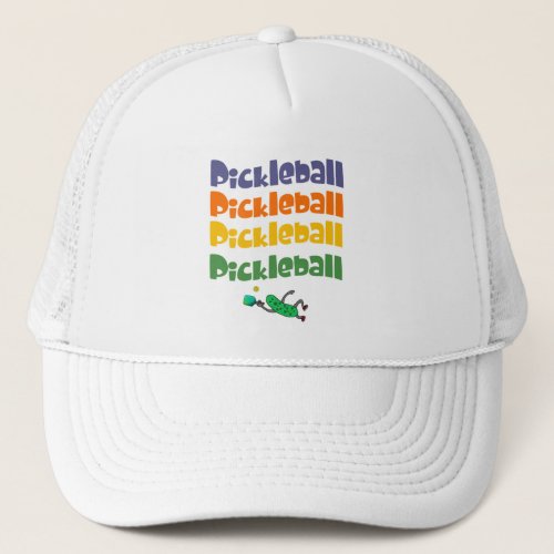 Funny Leaping Pickle and Wavy Text Sports Art Trucker Hat