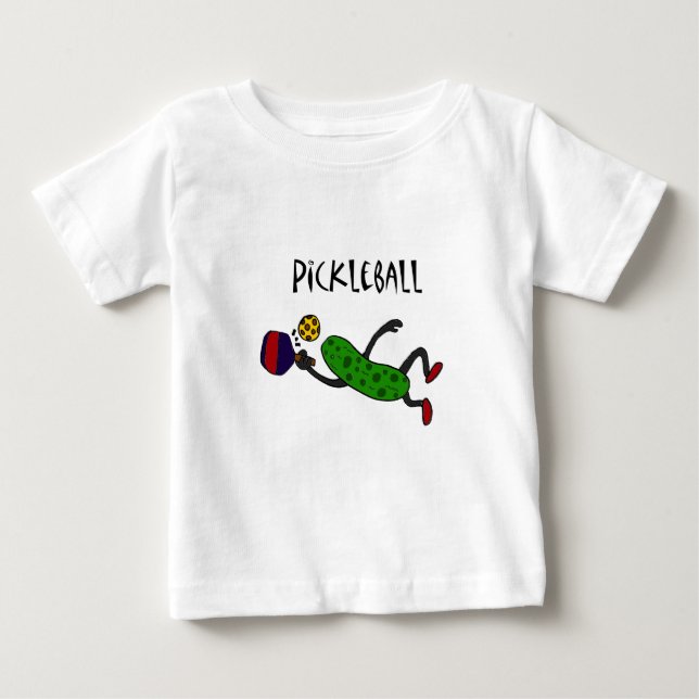 Funny Leaping Pickle Playing Pickleball Baby T-Shirt (Front)