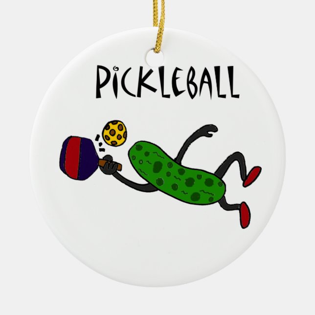 Funny Leaping Pickle Playing Pickleball Ceramic Ornament (Front)