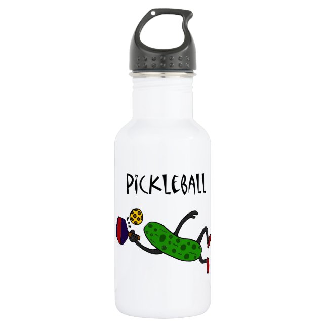 Funny Leaping Pickle Playing Pickleball Water Bottle (Front)