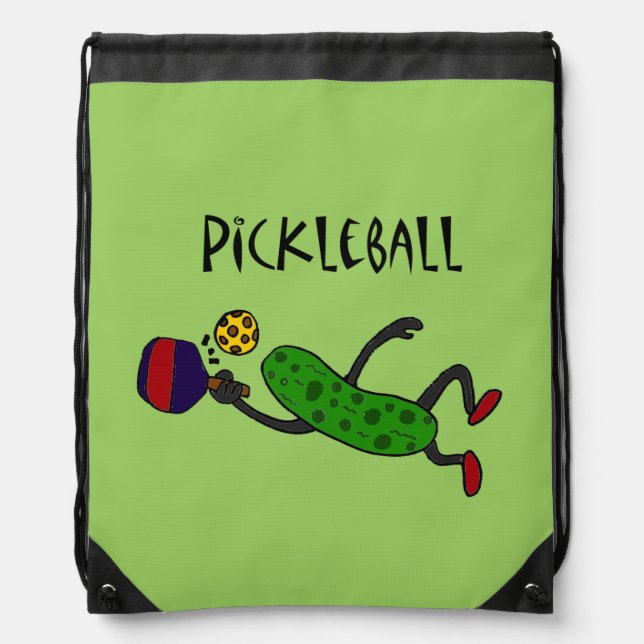Funny Leaping Pickleball Pickle Cartoon Drawstring Bag (Front)
