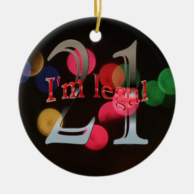 Funny Legal 21st Birthday Bokeh Christmas Lights Ceramic Ornament (Front)