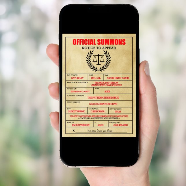 Funny Legal Subpoena Law School Graduation Party Invitation (Front Digital)