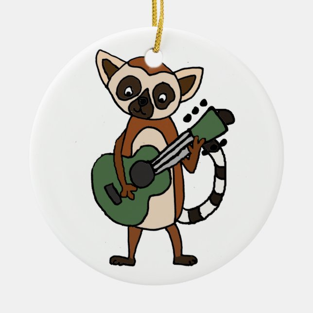 Funny Lemur Playing Guitar Art Ceramic Ornament (Front)