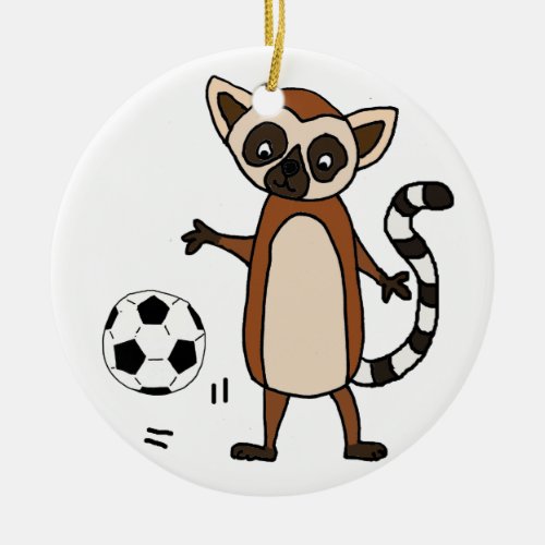 Funny Lemur Playing Soccer Cartoon Ceramic Ornament