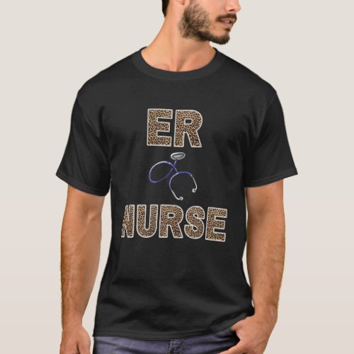 Funny Leopard Print Lettering ER Nurse T_Shirt