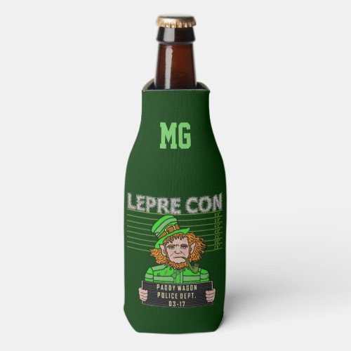 Funny Leprechaun Leprecon Mugshot St Patricks Day Bottle Cooler