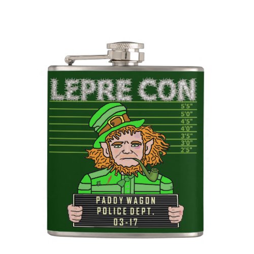 Funny Leprechaun Leprecon Mugshot St Patricks Hip Flask