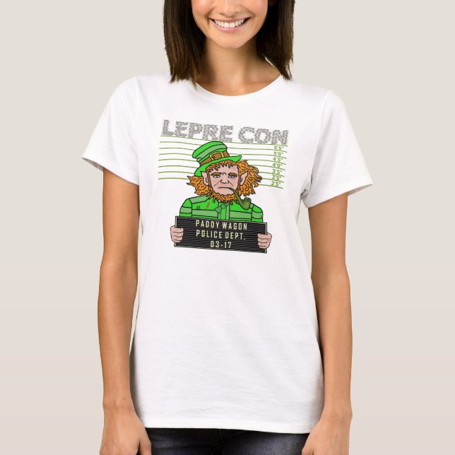 Funny Leprechaun Leprecon Mugshot T-Shirt (Front)