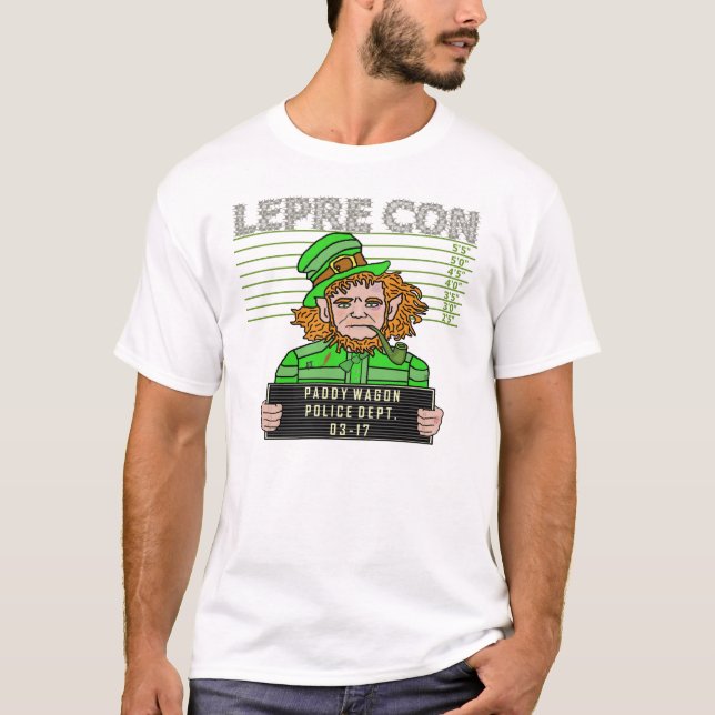 Funny Leprechaun Leprecon Mugshot T-Shirt (Front)