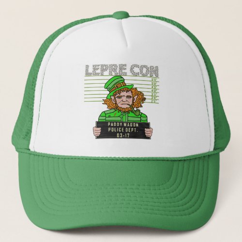 Funny Leprechaun Leprecon Mugshot Trucker Hat