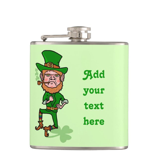 Funny Leprechaun St Patricks Day Personalized Hip Flask (Front)