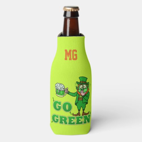 Funny Leprechaun St Patricks Go Green Monogram Bottle Cooler