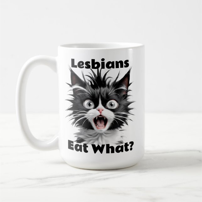 Funny Lesbians Eat What? Cat Lesbian LGBT  Coffee Mug (Left)