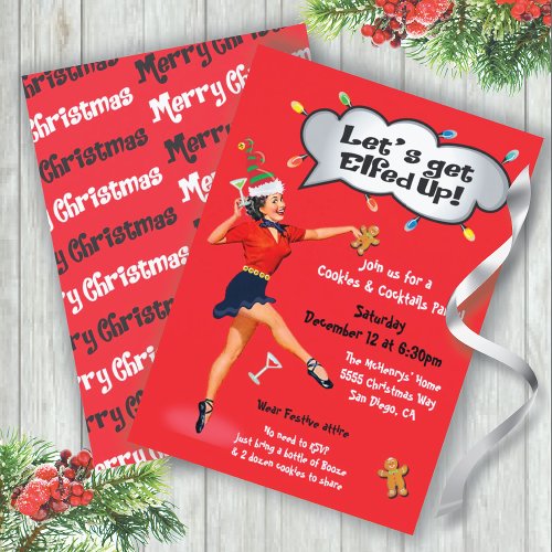 Funny Lets Get Elfed Up Christmas Cocktail Party Invitation